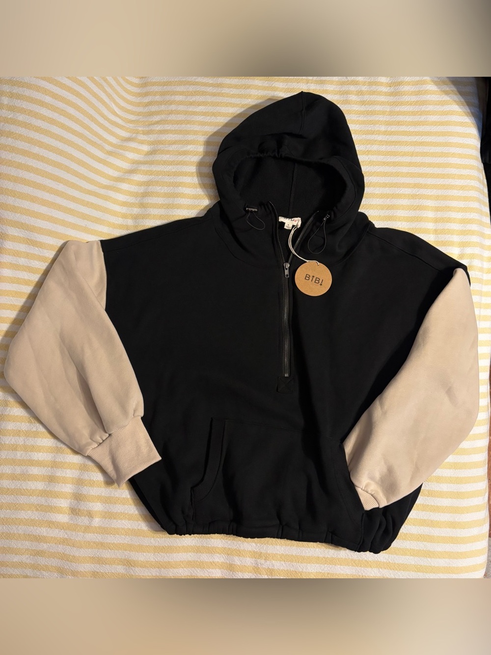 BiBi Black Hooded Half-Zip Sweater with Cream Sleeves
